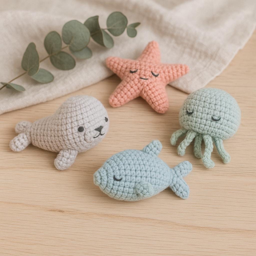 Häkelanleitung: Amigurumi-Tier-Set – Robbe, Fisch, Seestern & Qualle